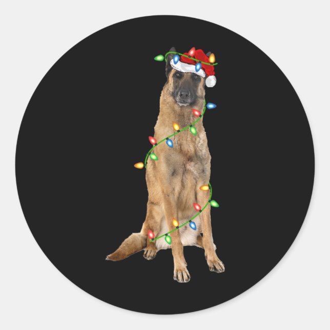 Xmas Lights Santa Hat Malinois Dog Christmas Premi Runder Aufkleber (Vorderseite)