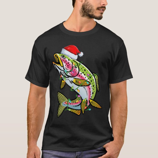 Xmas Lights Santa Hat Rainbow Trout Fish Christmas T-Shirt (Vorderseite)