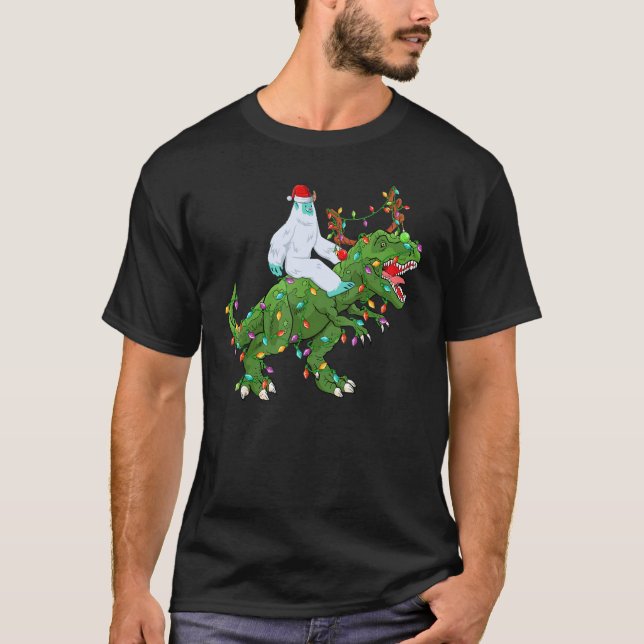 Xmas Lights Santa Yeti Riding Dinosaur Trex Christ T-Shirt (Vorderseite)