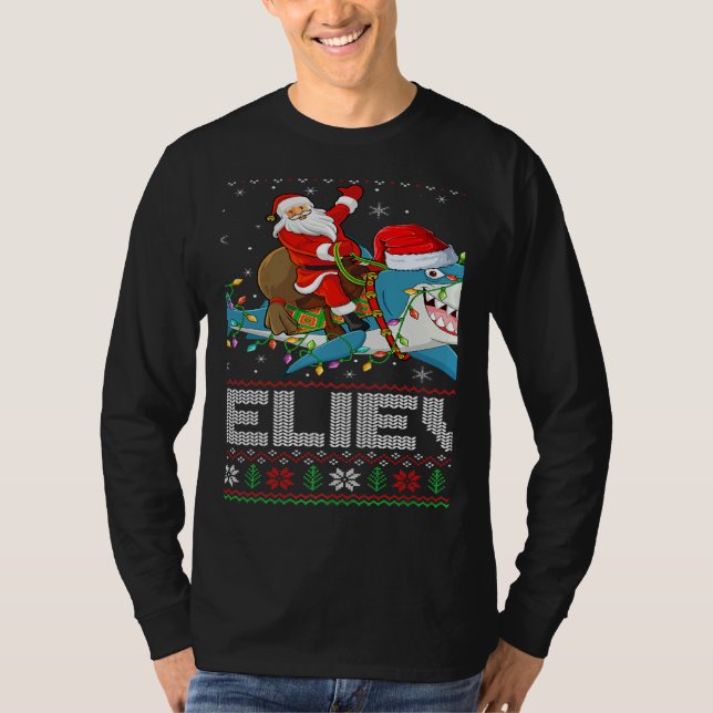 Xmas Lights Shark Believe Ugly Santa Riding Shark  T-Shirt (Vorderseite)