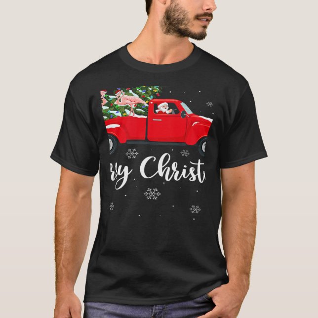 Xmas Lights Tree Santa Ride Flamingo Red Truck Chr T-Shirt (Vorderseite)