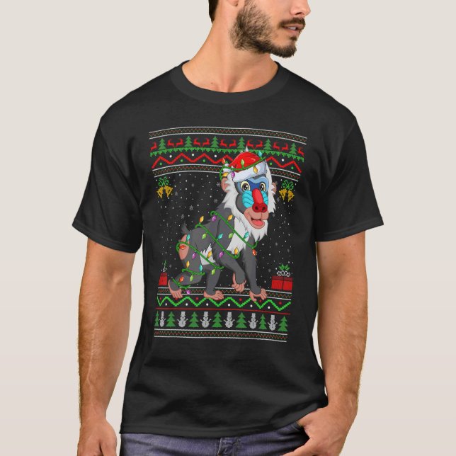 Xmas Lights Ugly Sweater Style Santa Baboon Christ T-Shirt (Vorderseite)