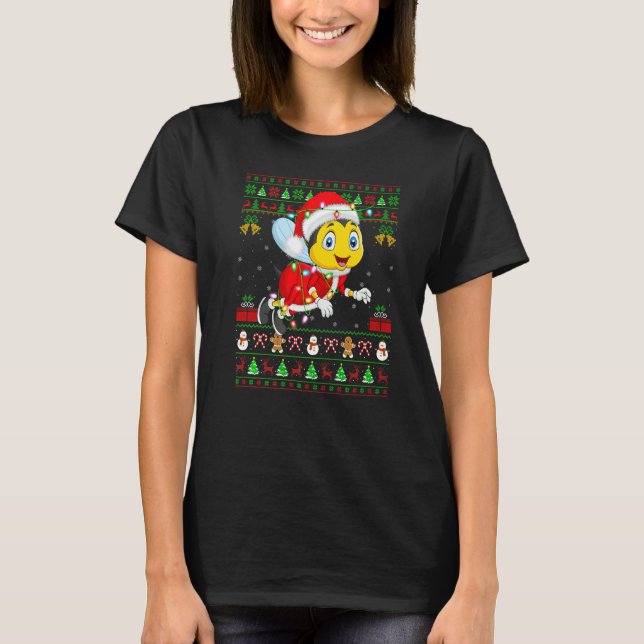 Xmas Lights Ugly Sweater Style Santa Bee Christmas T-Shirt (Vorderseite)