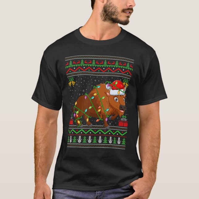 Xmas Lights Ugly Sweater Style Santa Bison Christm T-Shirt (Vorderseite)