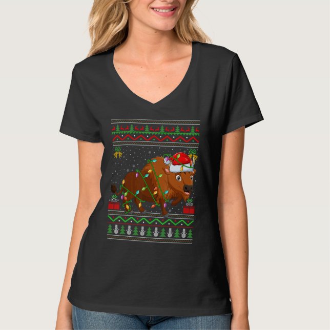 Xmas Lights Ugly Sweater Style Santa Bison Christm T-Shirt (Vorderseite)