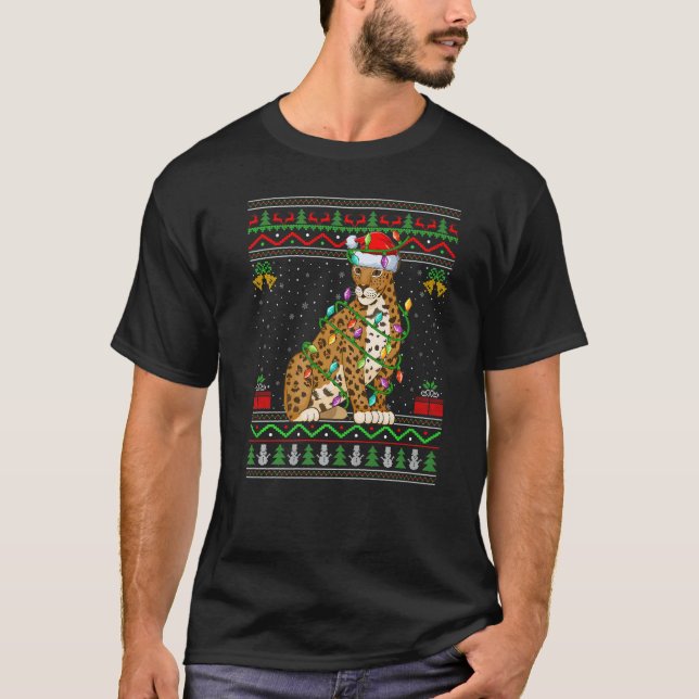 Xmas Lights Ugly Sweater Style Santa Jaguar Christ T-Shirt (Vorderseite)