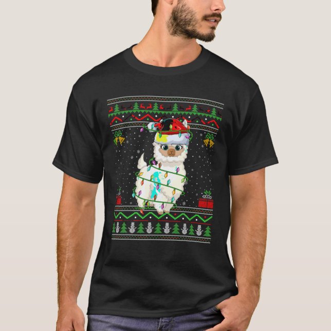 Xmas Lights Ugly Sweater Style Santa Lama Weihnach T-Shirt (Vorderseite)