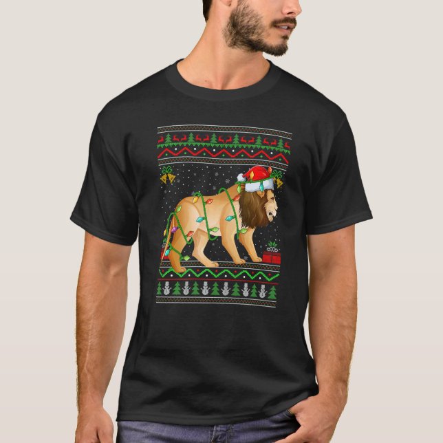 Xmas Lights Ugly Sweater Style Santa Mountain Lion T-Shirt (Vorderseite)