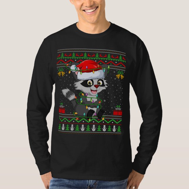 Xmas Lights Ugly Sweater Style Santa Raccoon Chris T-Shirt (Vorderseite)