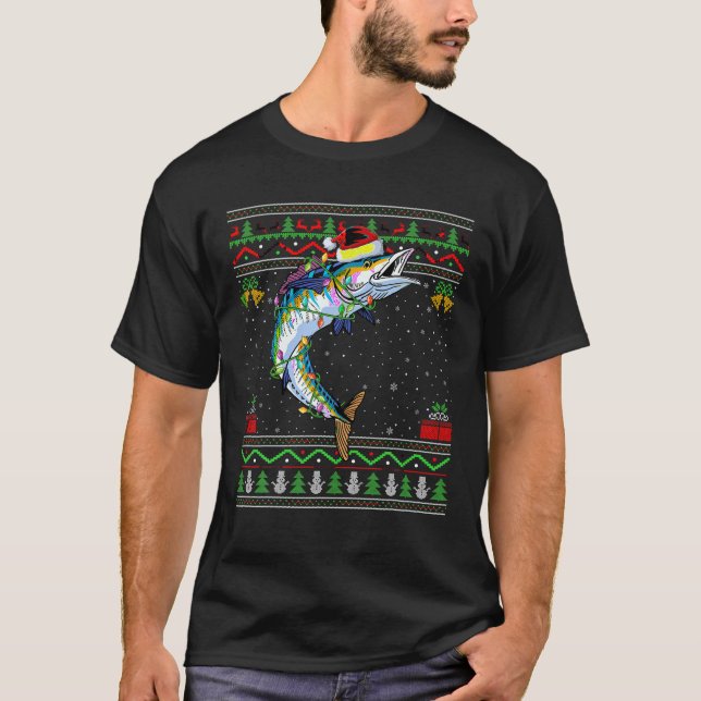Xmas Lights Ugly Sweater Style Santa Wahoo Fish Ch T-Shirt (Vorderseite)