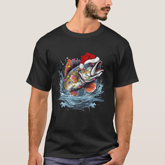 Xmas Lights Weihnachtsmannmütze Bass Fish Fish Wei T-Shirt (Vorderseite)
