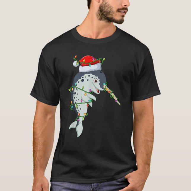 Xmas Lights Weihnachtsmannmütze Narwhal Weihnachte T-Shirt (Vorderseite)