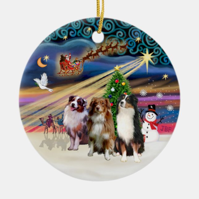 Xmas Magic - Aussie Shepherds (drei) Keramikornament (Vorne)