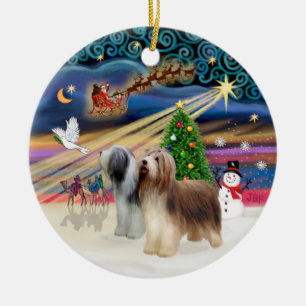 Xmas Magic - Bearded Collie (zwei stehend) Keramikornament