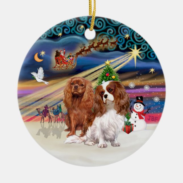 Xmas Magic - Cavaliers (zwei Ruby-Blenheim) Keramik Ornament (Vorne)