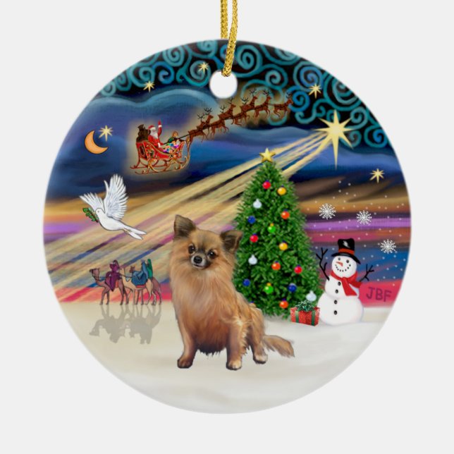 Xmas Magic - Chihuahua (lange haarig) Keramikornament (Vorne)