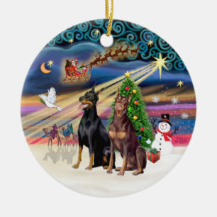 Xmas Magic - Dobermans (ZWEI-blau-rot) Keramikornament