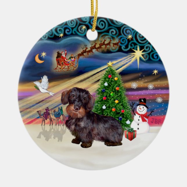 Xmas Magic - Drahthaarige Dackel Keramik Ornament (Vorne)