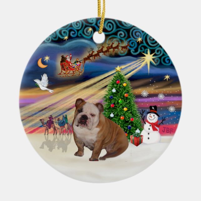 Xmas Magic - English Bulldog 1 (braun-creme) Keramik Ornament (Vorne)