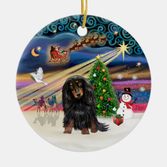 Xmas Magic - Lange Haare Dackel (Black-Tan) Keramikornament (Vorne)
