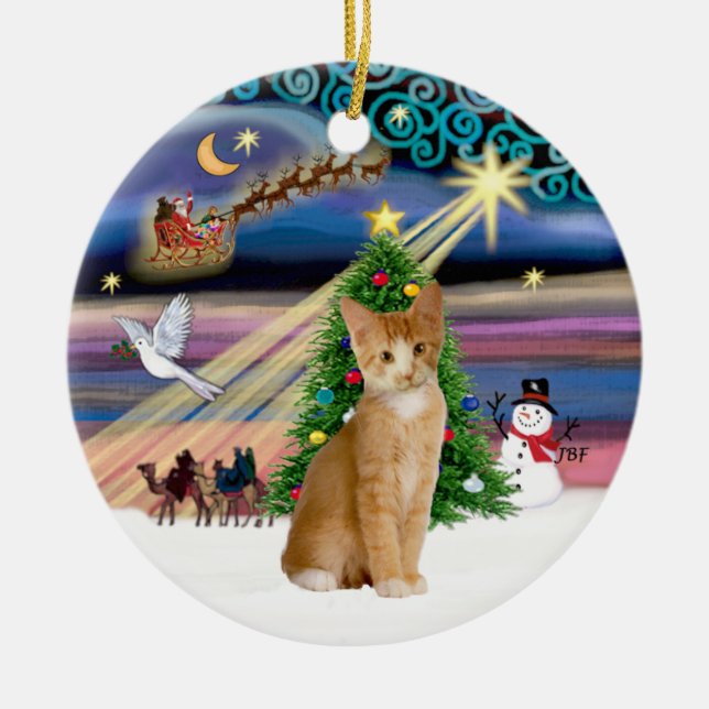 Xmas Magic - Orange - weiße Tablette Katze 40 Keramik Ornament (Vorne)