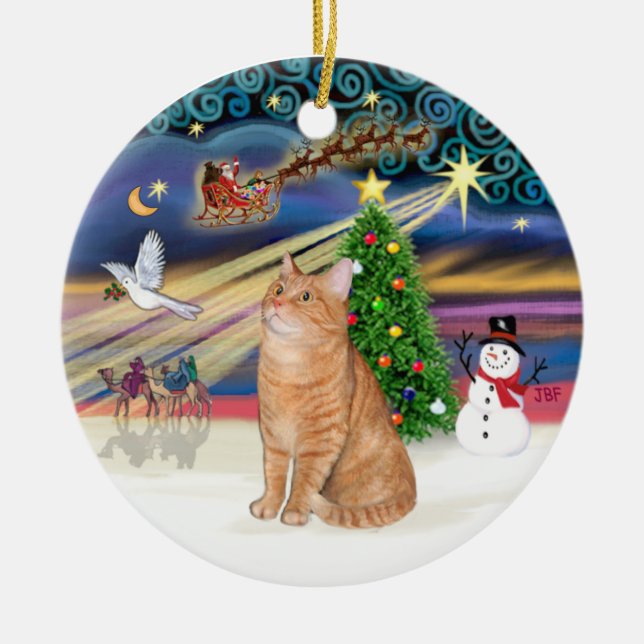 Xmas Magic - Orangefarbene Katze 40 Keramik Ornament (Vorne)