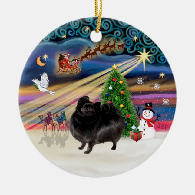 Xmas Magic - Pomeranian (schwarzer Stand) Keramik Ornament (Vorne)
