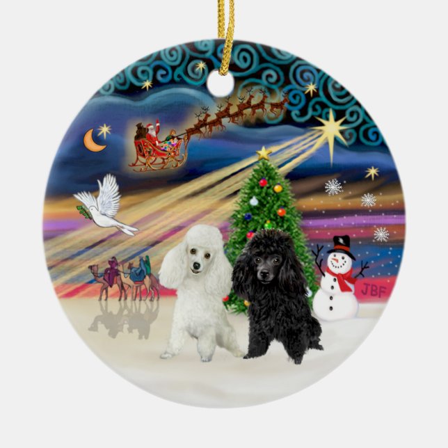 Xmas Magic - Poodles (ZWEI Spielzeug-BW) Keramik Ornament (Vorne)