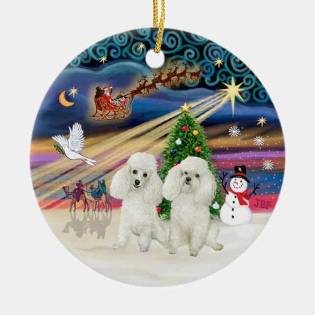 Xmas Magic - Poodles (ZWEI Spielzeugweiß) Keramikornament (Vorne)