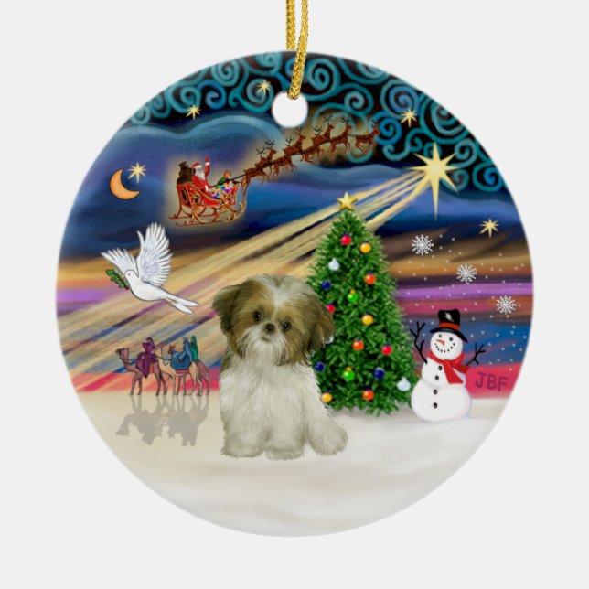 Xmas Magic - Shih Tzu Puppy (braun-weiß) Keramik Ornament (Vorne)