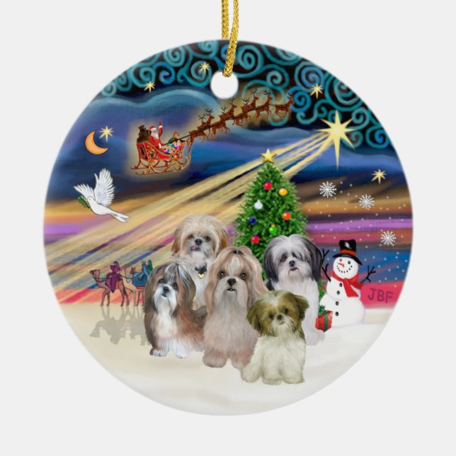 Xmas Magic - Shih Tzus (FÜNF) Keramik Ornament (Vorne)