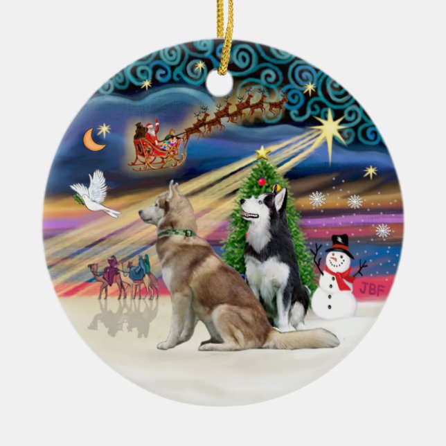 Xmas Magic - Sibirien Huskys (rot + BW) Keramikornament (Vorne)