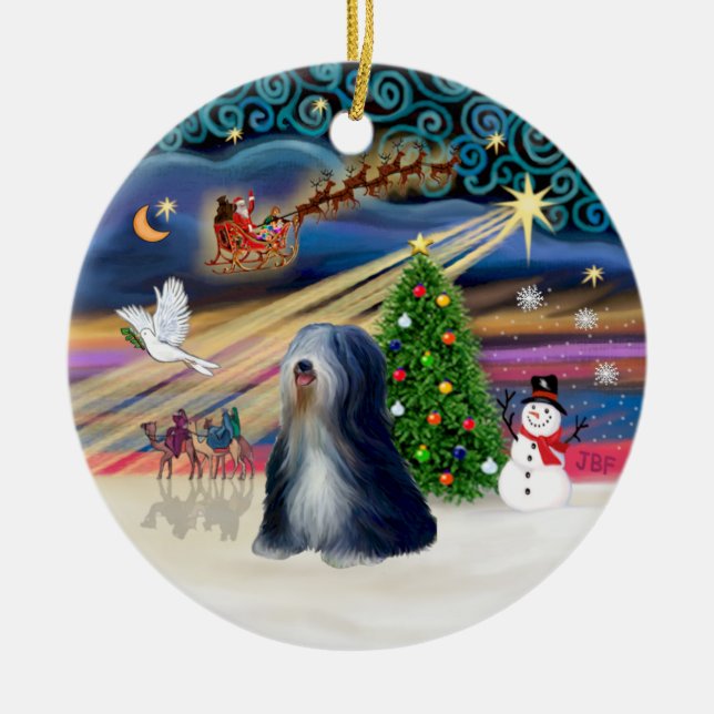Xmas Magic - Tibetan Terrier (BW) Keramik Ornament (Vorne)
