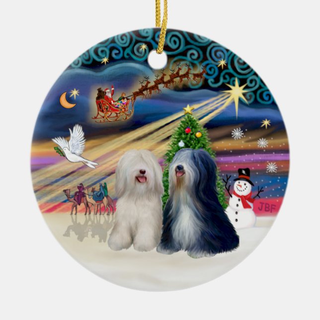 Xmas Magic - Tibetische Terrier (ZWEI) Keramikornament (Vorne)
