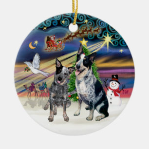 Xmas Magic - Zwei australische Rinder-Hunde Keramik Ornament