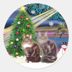 Xmas Magic - Zwei Maine Coon Katzen Runder Aufkleber