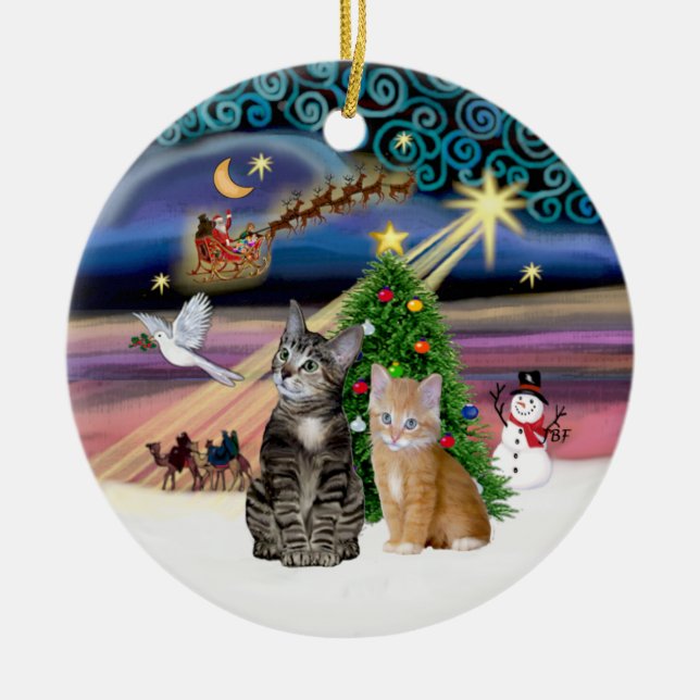 Xmas Magic - Zwei Tabby-Katzen (#2) Keramikornament (Vorne)