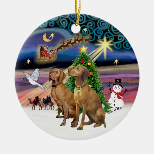 Xmas Magic - Zwei Vizslas Keramikornament (Vorne)