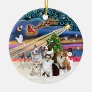 Xmas Magie - Fünf walisische Corgis Keramik Ornament
