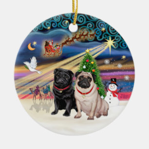Xmas-Magie - Möpse (ZWEI-fuchsfarben+schwarz) Keramik Ornament