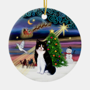 Xmas Magie - Schwarze und Weiße Katze Keramikornament