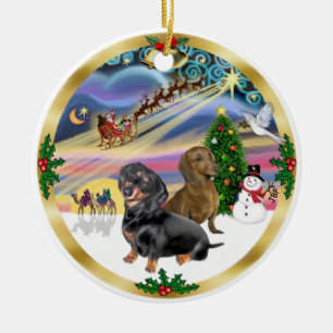 Xmas-Magie - Zwei Dachshunde (sw+rd) Keramikornament
