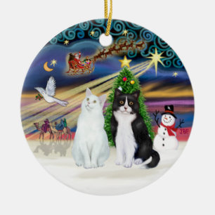 Xmas Magie - Zwei Katzen - weiß + schwarz und weiß Keramikornament