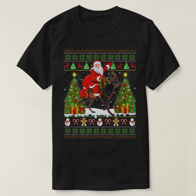 Xmas Matching Ugly Santa Riding Miniatur Pinscher T-Shirt (Design vorne)