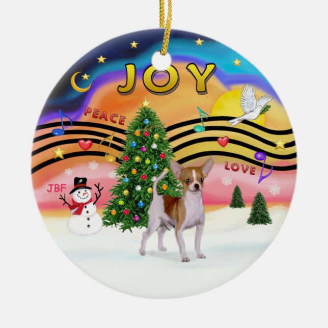 Xmas Music 2 - Chihuahua (braun-weiß) Keramik Ornament (Vorne)