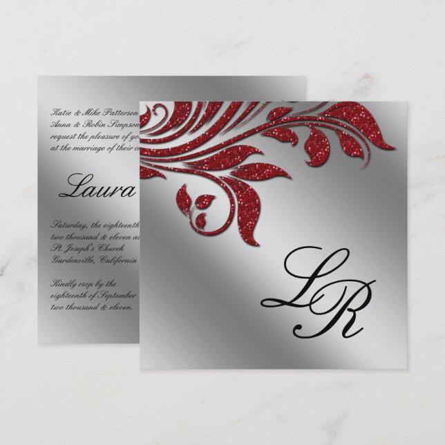 Xmas Office Party Einladung Sparkle Leaf Red Silve (Vorne/Hinten)