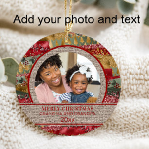 Xmas Oma Opa Rotes Gold Grünes Brot Burlap Ornament