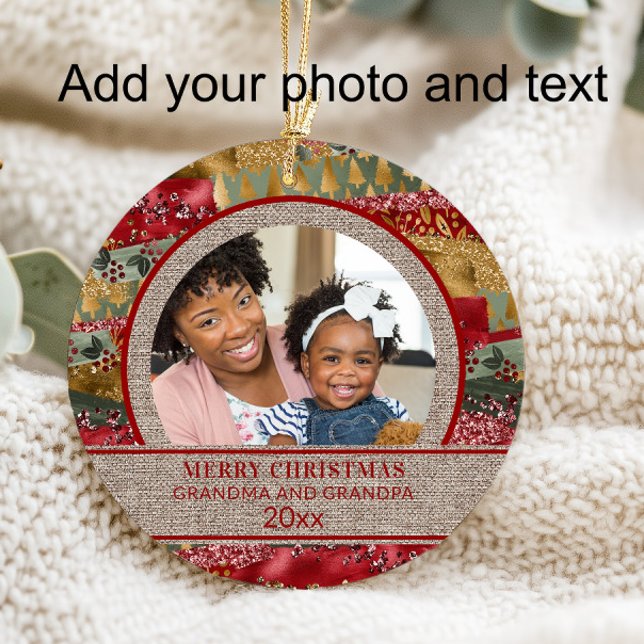 Xmas Oma Opa Rotes Gold Grünes Brot Burlap Ornament (Add your photo and text.)
