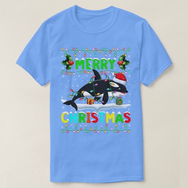 Xmas Orca Fish Lighting Weihnachtsmannmütze Frohe  T-Shirt (Design vorne)