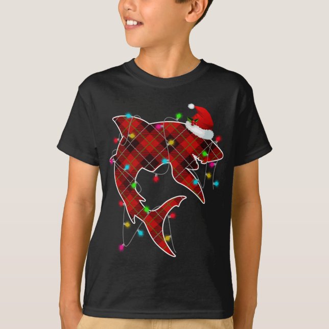 Xmas Pajama Karierte Weihnachtslichter Hai Anima T-Shirt (Vorderseite)